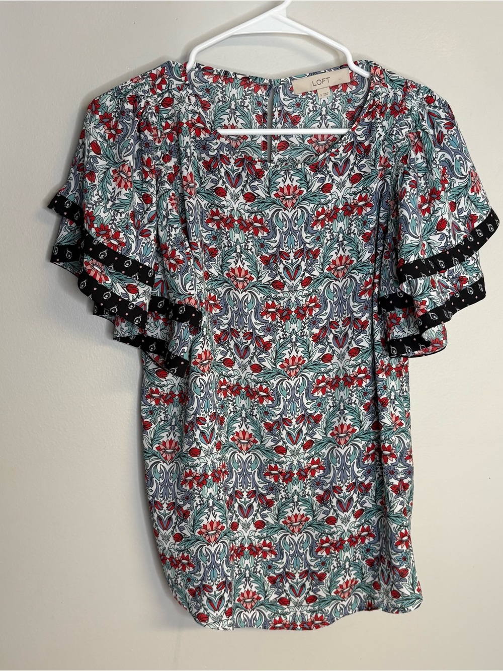 LOFT Floral Ruffle Sleeve Blouse in Red, Teal and Black